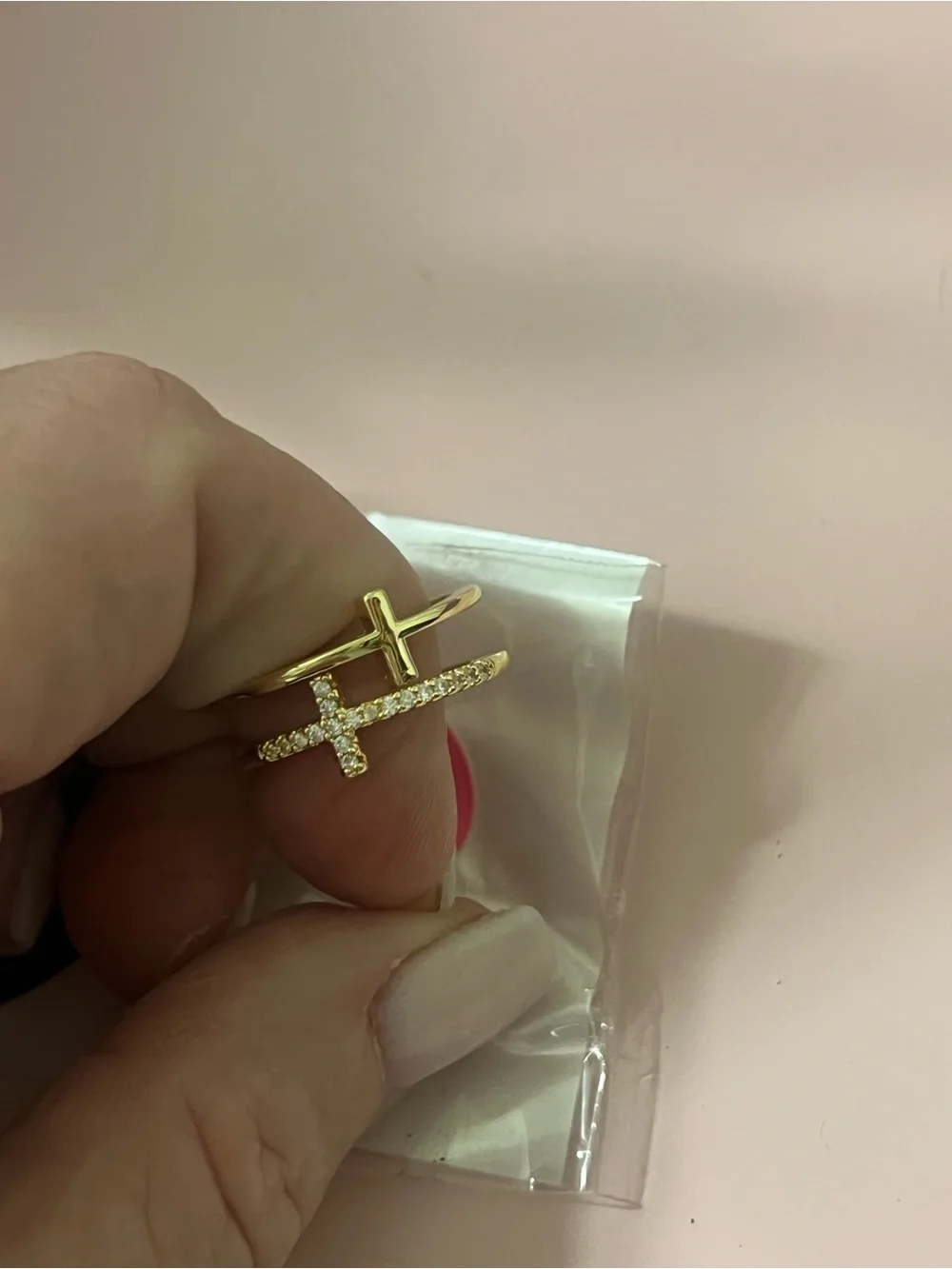 Gold Double Cross Ring with Pavé Crystals - Women's Jewelry